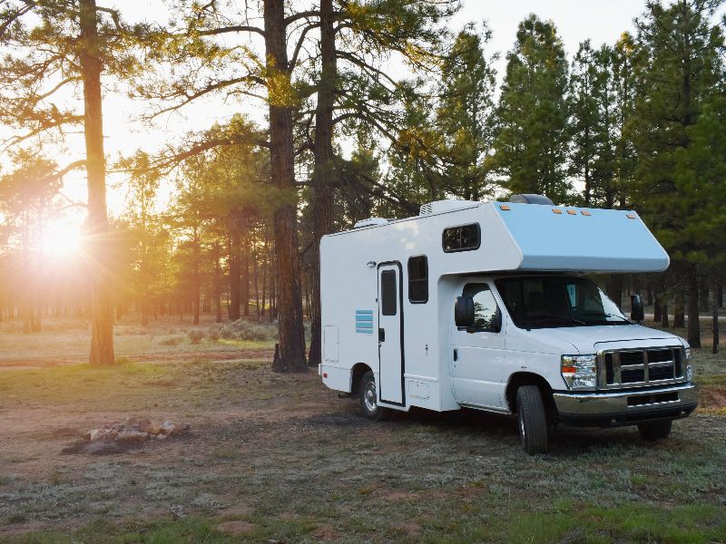 Camper in het bos met laagstaande zon