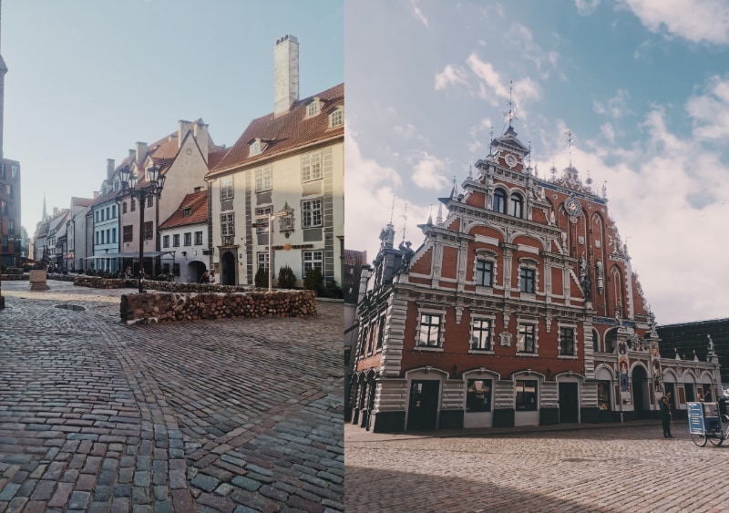Links: De oude stad van Riga. Rechts: het indrukwekkende Zwarthoofdenhuis.