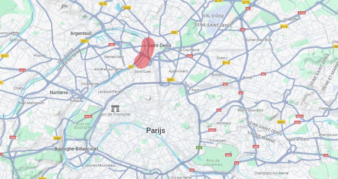 plattegrond van Parijs met de locatie van de Olympische Spelen ten noorden van het centrum gemarkeerd