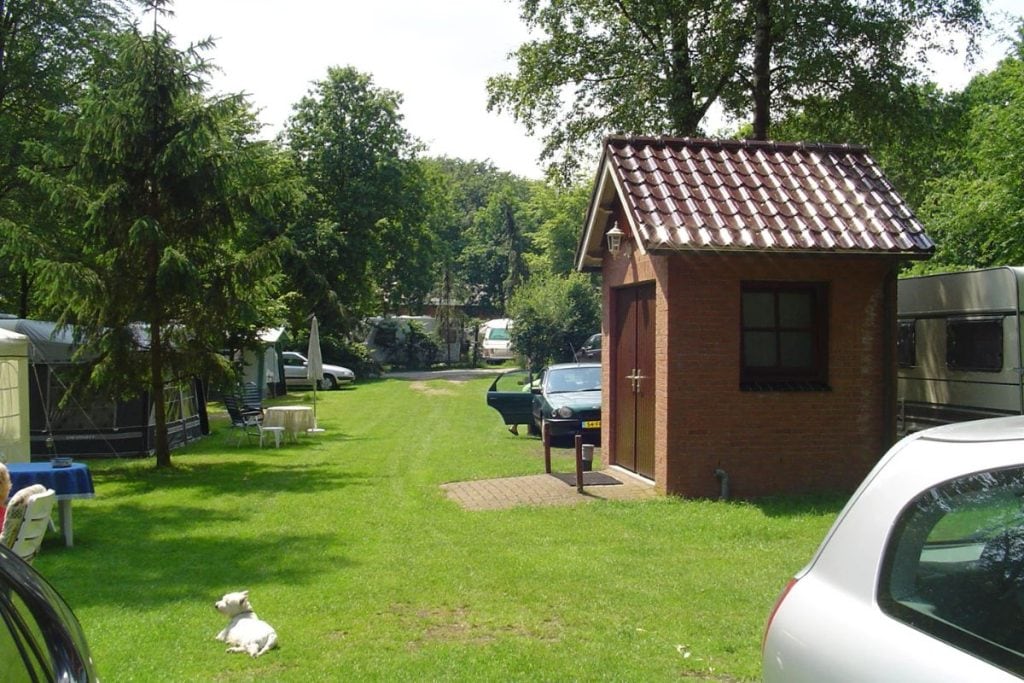meest-hondvriendelijke-camping-bij-de-bronnen-hond-op-gras-auto-sanitair
