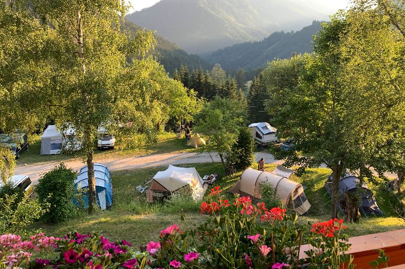 Camping Dachstein in een groene bergvallei met tenten en caravans, omringd door bomen en bloemen op de voorgrond