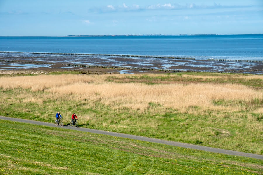 twee fietsers fietsen langs het water