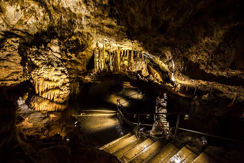 Bezoekerspad langs indrukwekkende stalactieten en stalagmieten in de Grotten van Han, een van de mooiste ondergrondse natuurgebieden van de Ardennen.